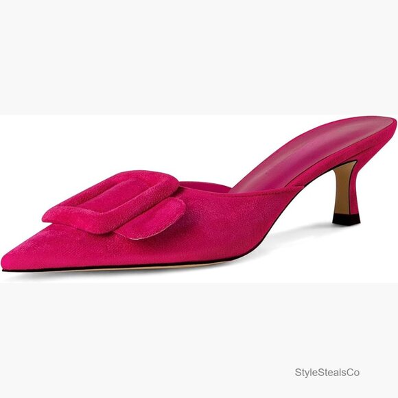 Kitten Heel Mules Sandals Pointed Toe Square Buckle Backless Slip On Suede